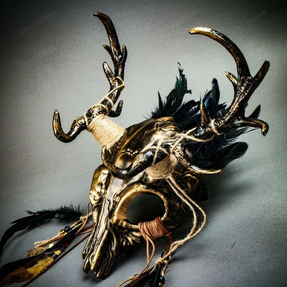 GOLD Antelope Devil Deer Horn Skull Masquerade NEW - Picture 4 of 10